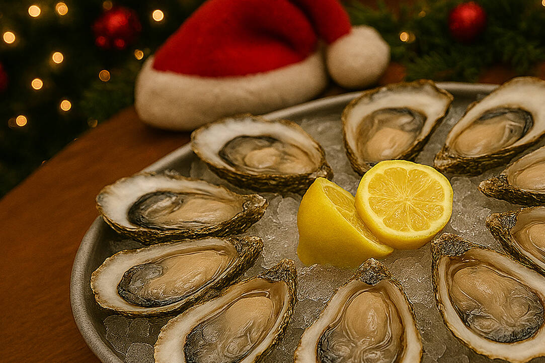 Oysters sitting on a platter.