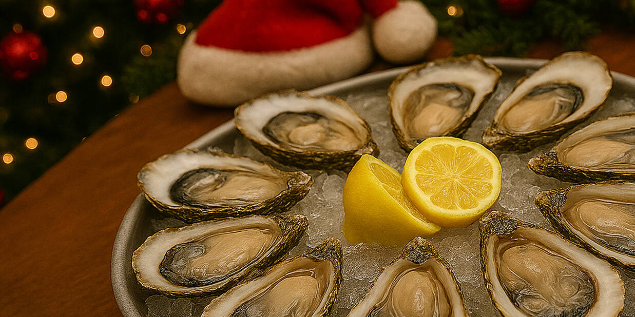 Oysters sitting on a platter.