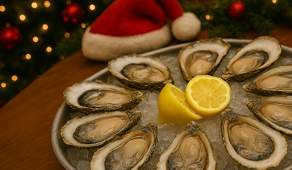 Oysters sitting on a platter.